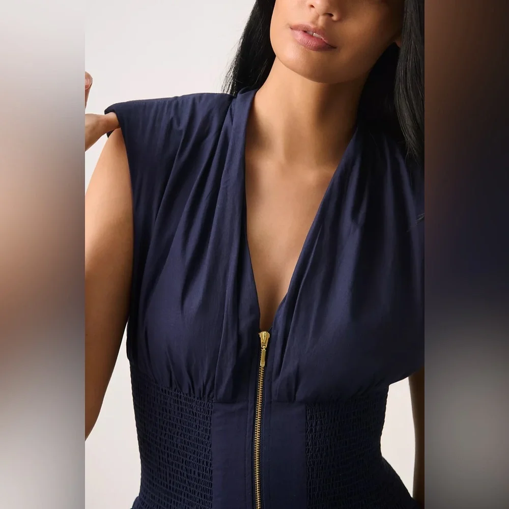 Anthropologie The Tommie Cap-Sleeve Smocked Front-Zip Shirt Midi Dress - Picture 5 of 5